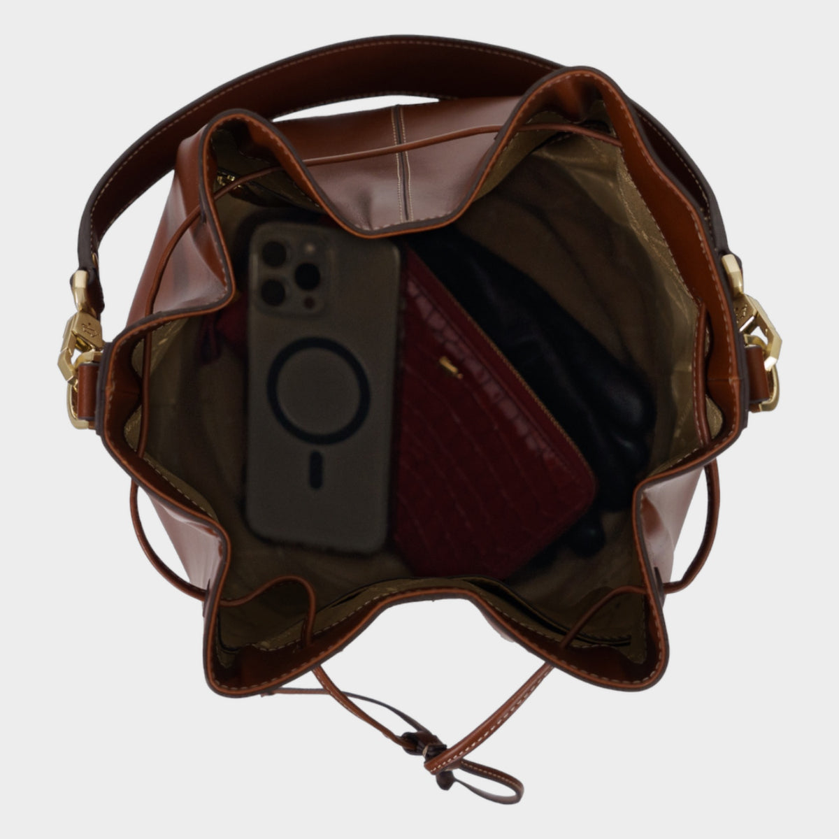 Innenansicht ALICE Bucket Bag cognac