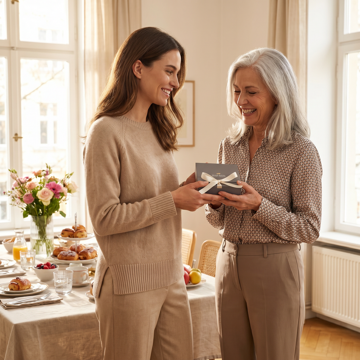 Tochter übergibt Mutter eine Geschenkbox
