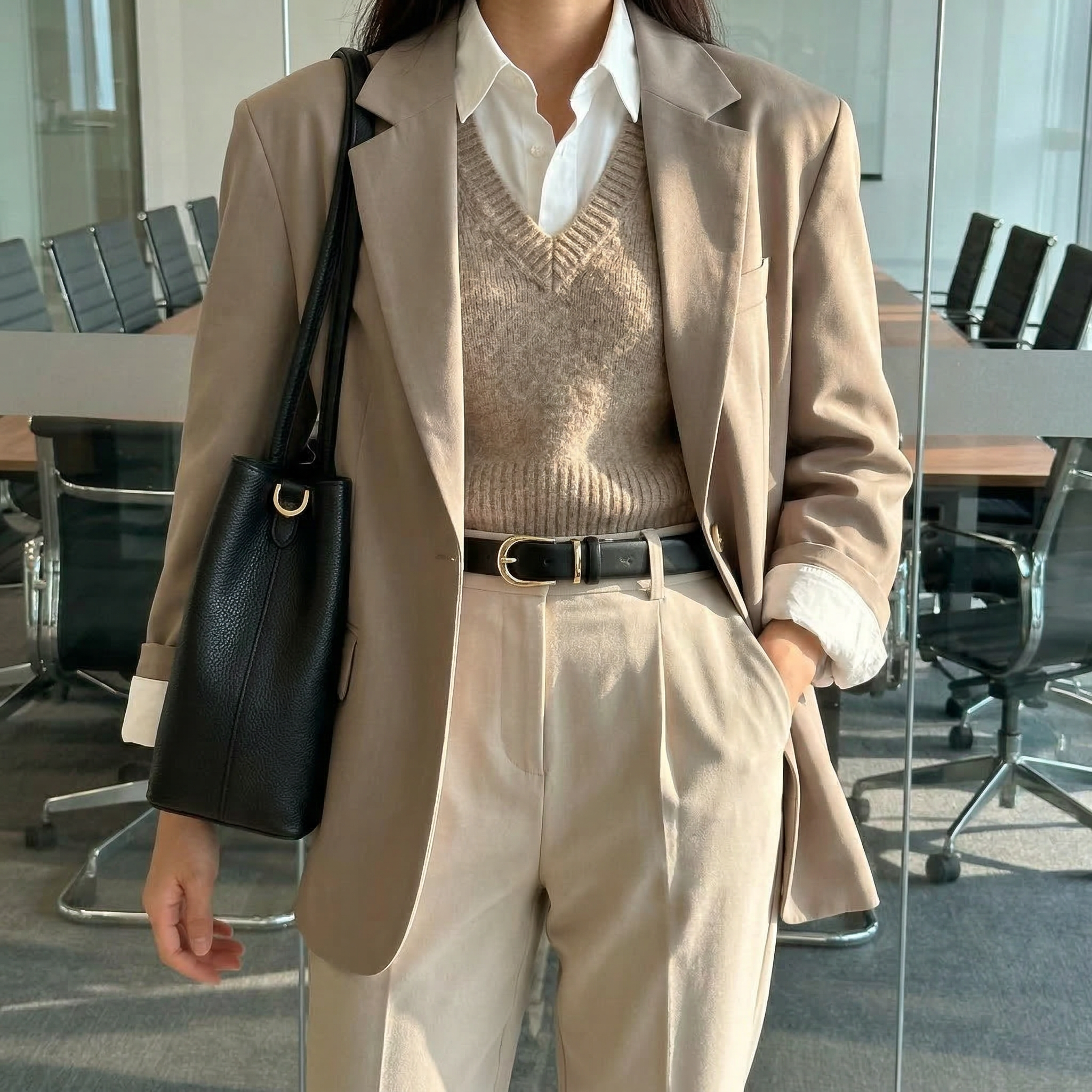 Frau mit schwarzem Ledergürtel im Business Casual Look