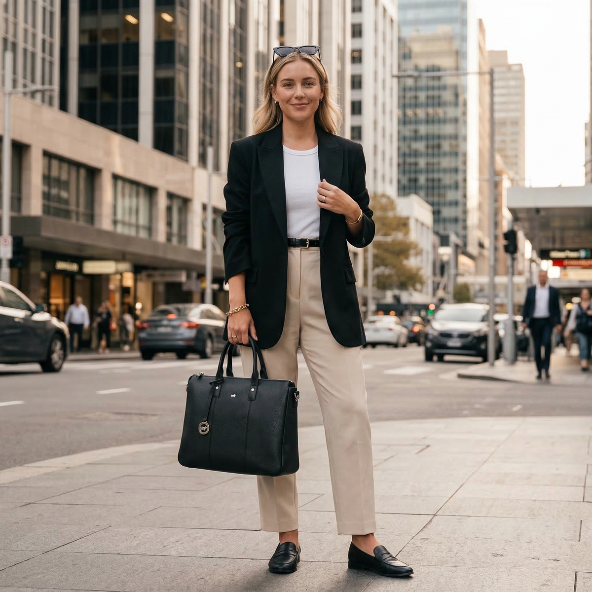 Frau mit schwarzer Businesstasche aus Leder im Business Casual Look
