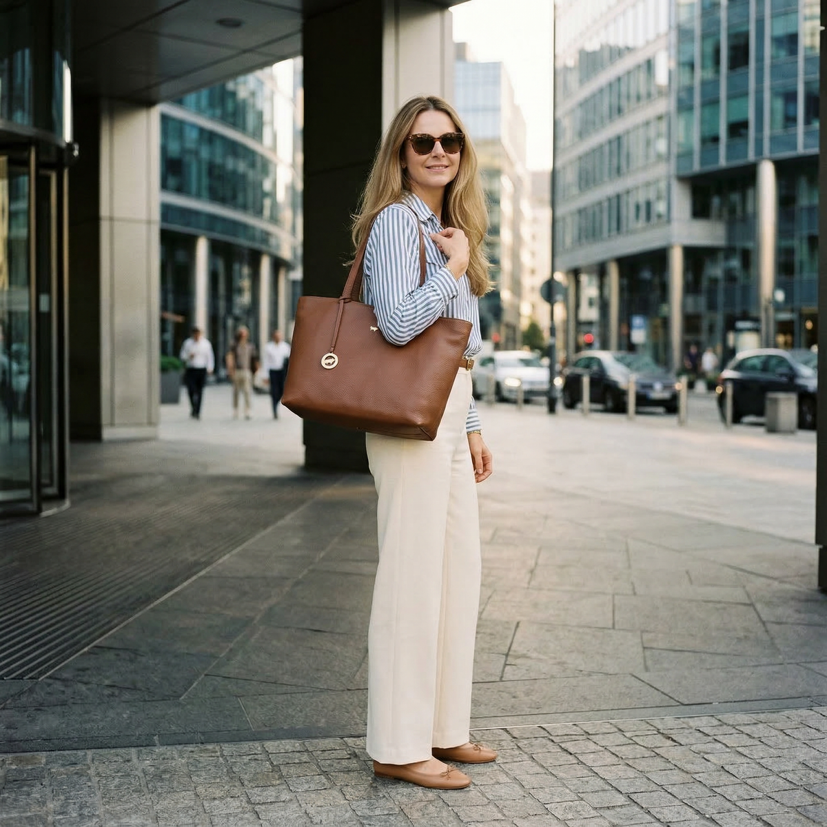 Frau mit braunem Shopper aus Leder im Business-Casual Look