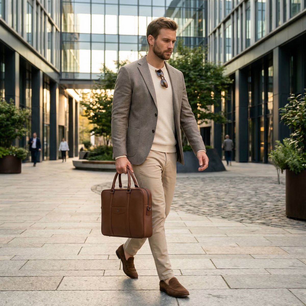 Mann mit brauner Businesstasche aus Leder im Smart Casual Look